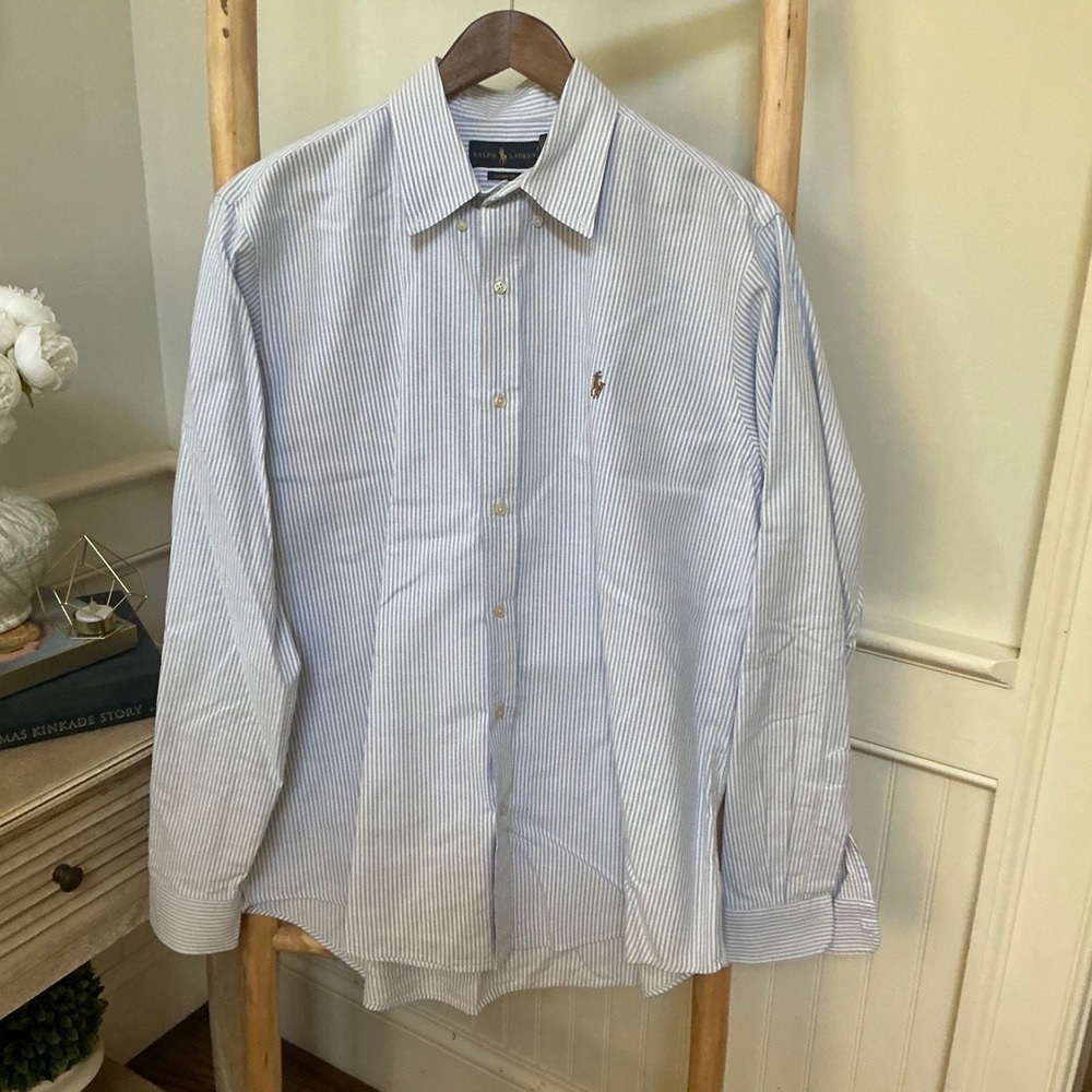 Ralph Lauren Classic Fit Blue White Striped Cotton Button Down Shirt Mens XL